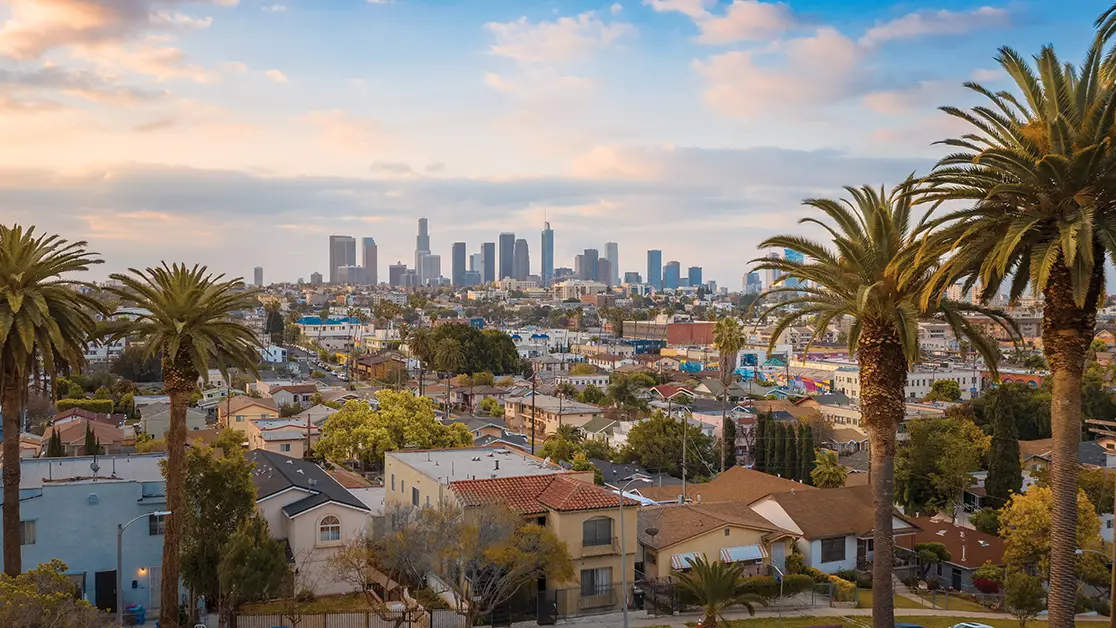 Photo of the Los Angeles, CA skyline, as viewed from a neighborhood. Photo by Adobe Stock