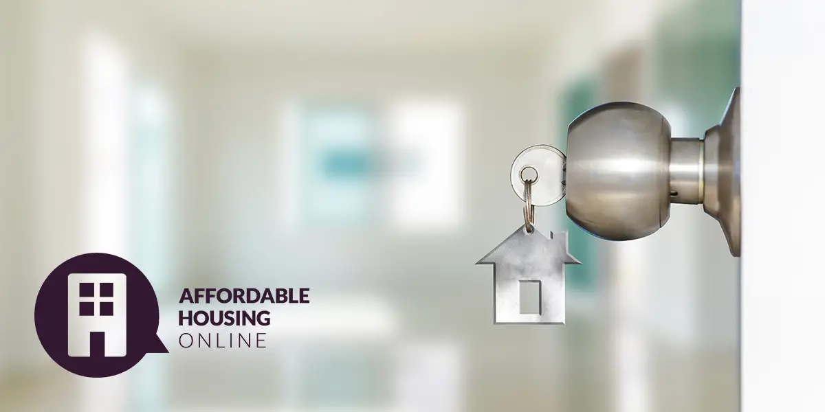 Section 8 Waiting List Announcements Banner image for the week of May 1, 2023 - Affordable Housing Online. Photo of a key inserted into an open apartment door, with the Affordable Housing Online logo.