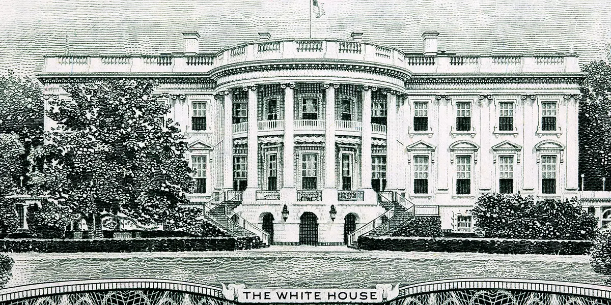Illustration of the White House, as depicted on an old U.S. banknote.