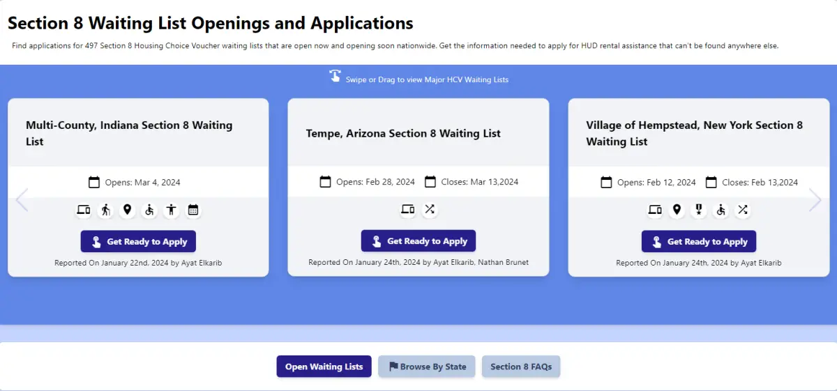 Preview screenshot of the Section 8 Waiting Lists page on Affordable Housing Online.
