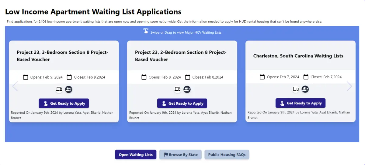 Preview screenshot of the Apartment Waiting Lists page on Affordable Housing Online.