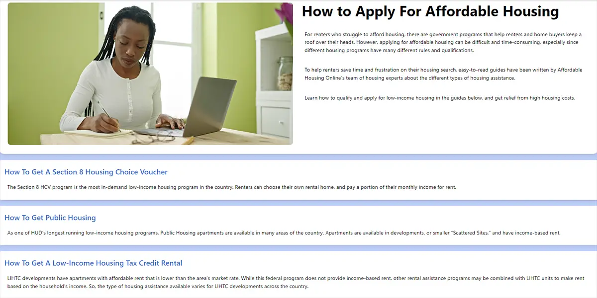 Preview screenshot of the How To Apply For Affordable Housing page on Affordable Housing Online.