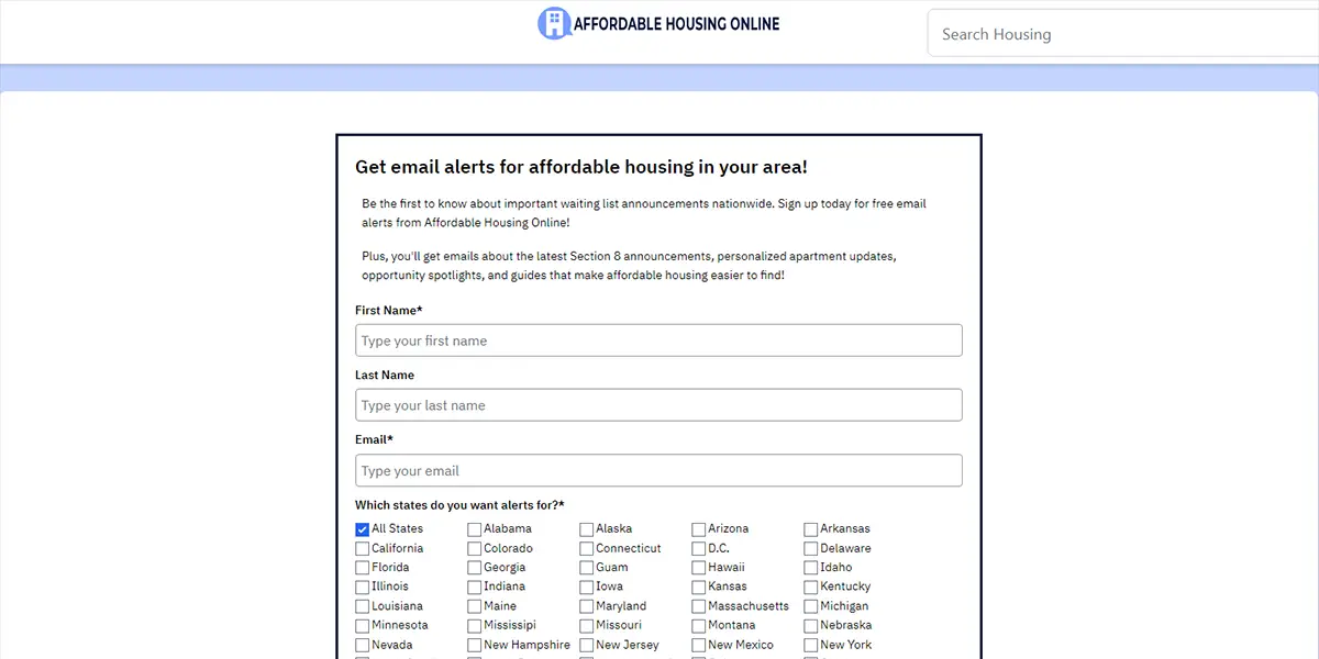 Preview screenshot of the Email Alert Sign Up page on Affordable Housing Online.