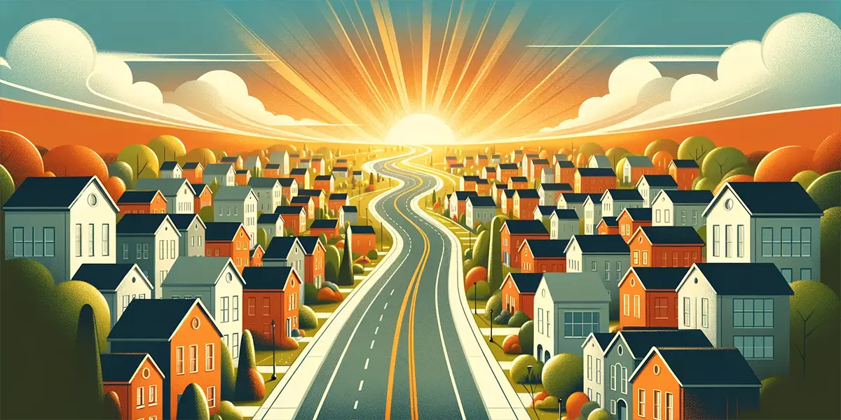 Illustration of a winding road going through a community with different types of affordable housing. The road heads up to the horizon, where it is met with a bright sun and blue sky.