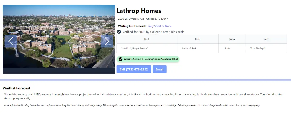Screenshot of an Affordable Housing Online apartment page, showing an example of our new Waiting List Forecast feature.