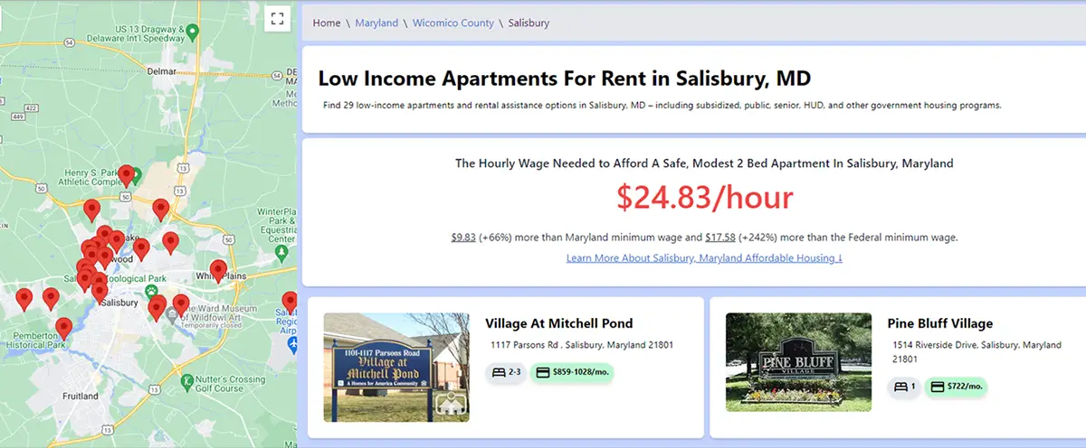 Screenshot of Affordable Housing Online's new city and county pages, which now feature map navigation!