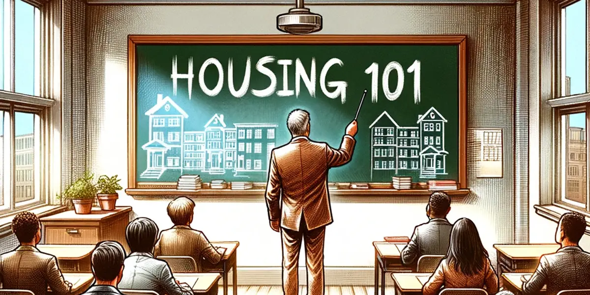 Illustration of an instructor standing in front of a chalkboard in a classroom full of renters sitting at their desk. The chalkboard has "Housing 101" written on it.