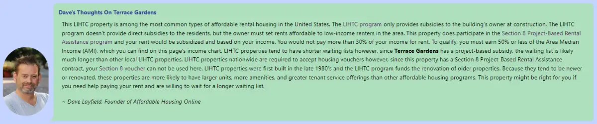 Screenshot of an Affordable Housing Online apartment page, giving an example of our new "Dave's Thoughts" feature.