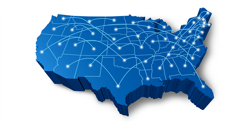 Map of the United State of America with lines connecting several cities in different parts of the country.