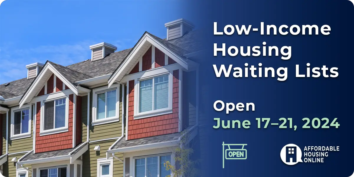 Low-Income Housing Waiting Lists Open June 17-21, 2024 Banner image. A photo of of a colorful apartment is shown next to the title.