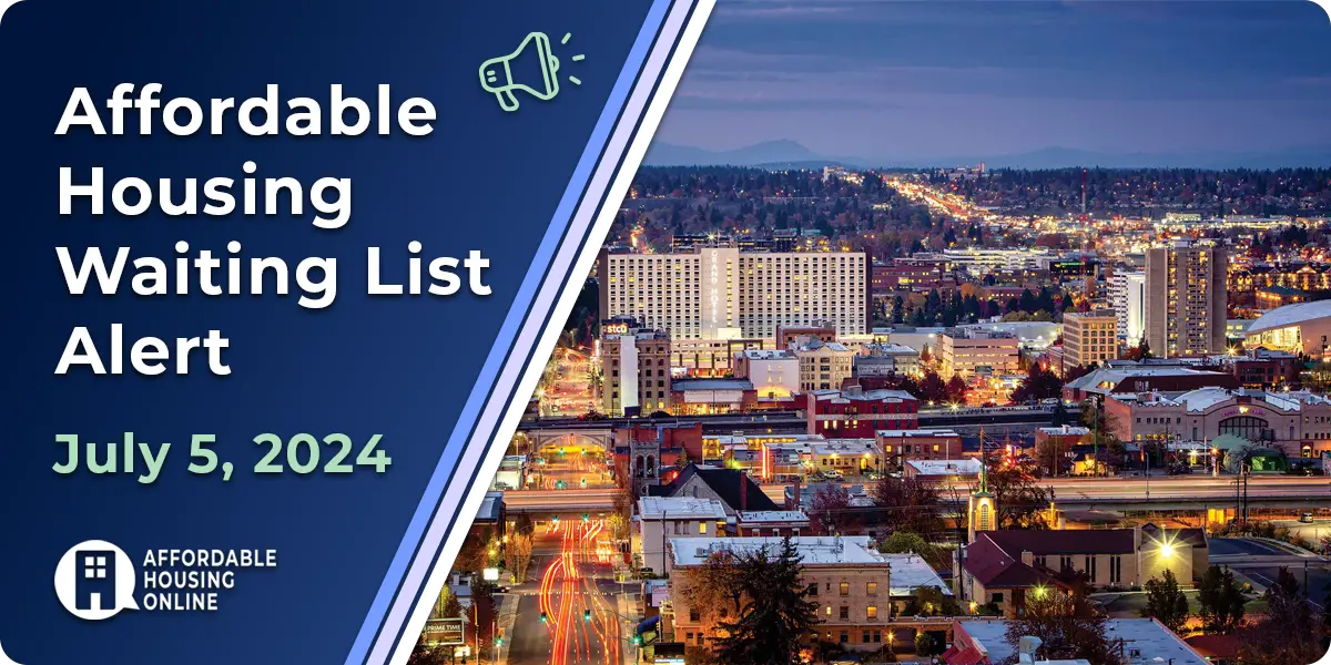 Affordable Housing Waiting List Alert: July 5, 2024 Banner Image. A photo of Spokane, WA is shown to the right of the title.