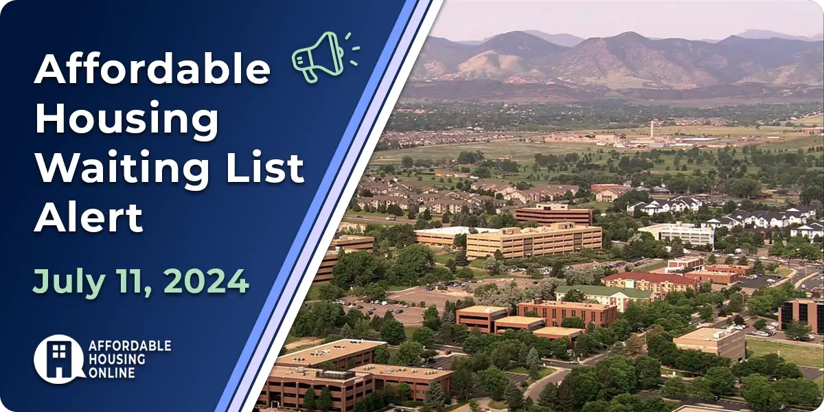 Affordable Housing Waiting List Alert: July 9, 2024 Banner Image. A photo of Lakewood, CO is shown to the right of the title.